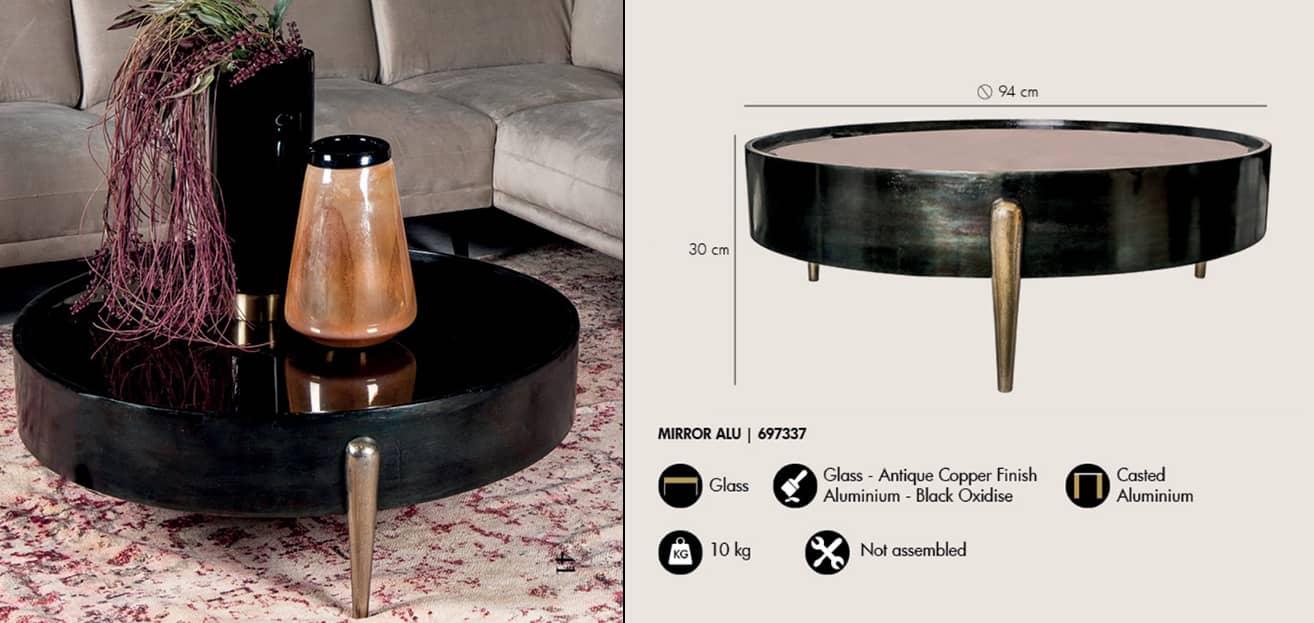 MIRROR ALU OXIDISED BLACK SIDETABLE ROUND